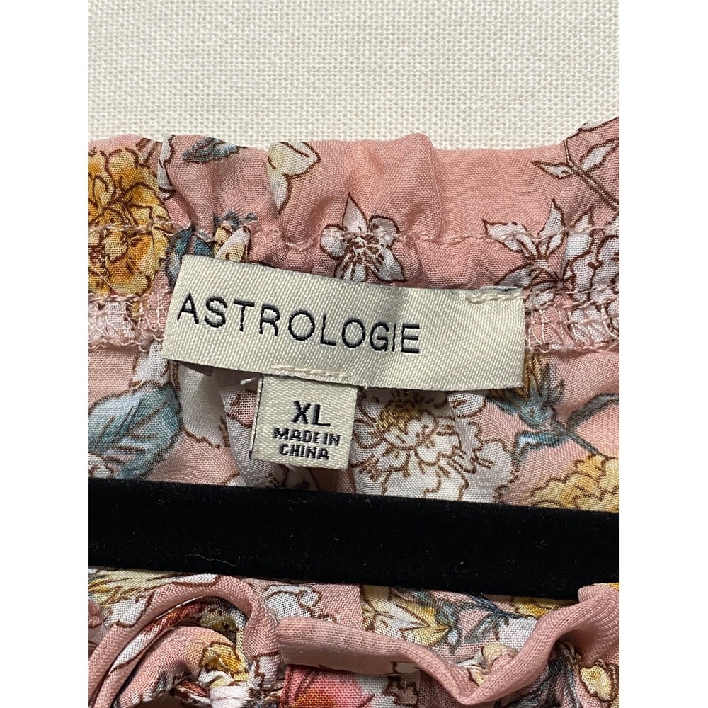 Astrologie Pink Floral Peasant Blouse XL Button Front Smocked Cuff Ruffle Neck - Picture 2 of 5